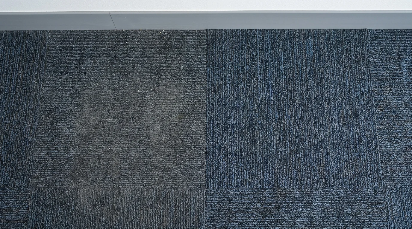 Before and after comparison of a dusty office carpet versus a freshly deep-cleaned carpet