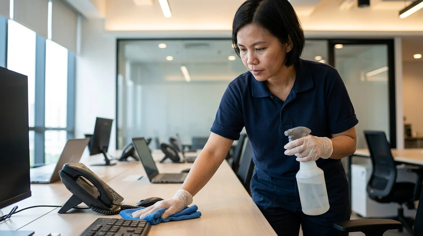 Cleaner wiping down a shared office desk and high-touch surfaces in a bright Malaysian office