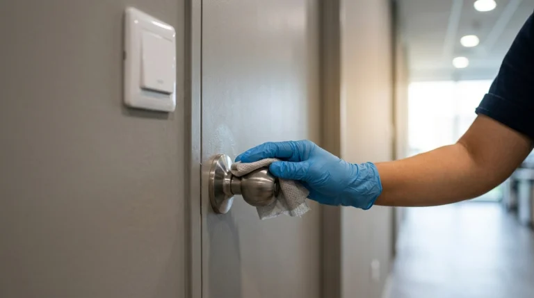 Office Cleaning Frequency: Close-up of a professional cleaner disinfecting a doorknob and light switch in a Malaysian office building