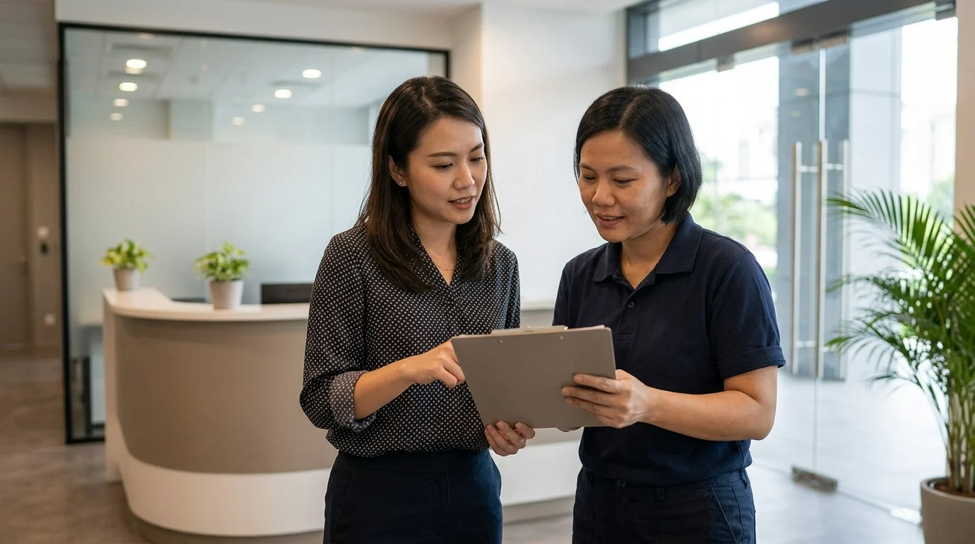 Office manager reviewing a cleaning service quote with a professional cleaner in a Malaysian office reception area