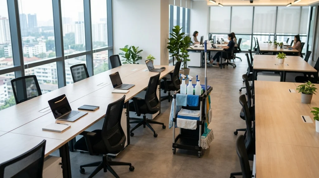 Overhead view of a modern co-working space in Malaysia with cleaning cart and supplies visible near desks