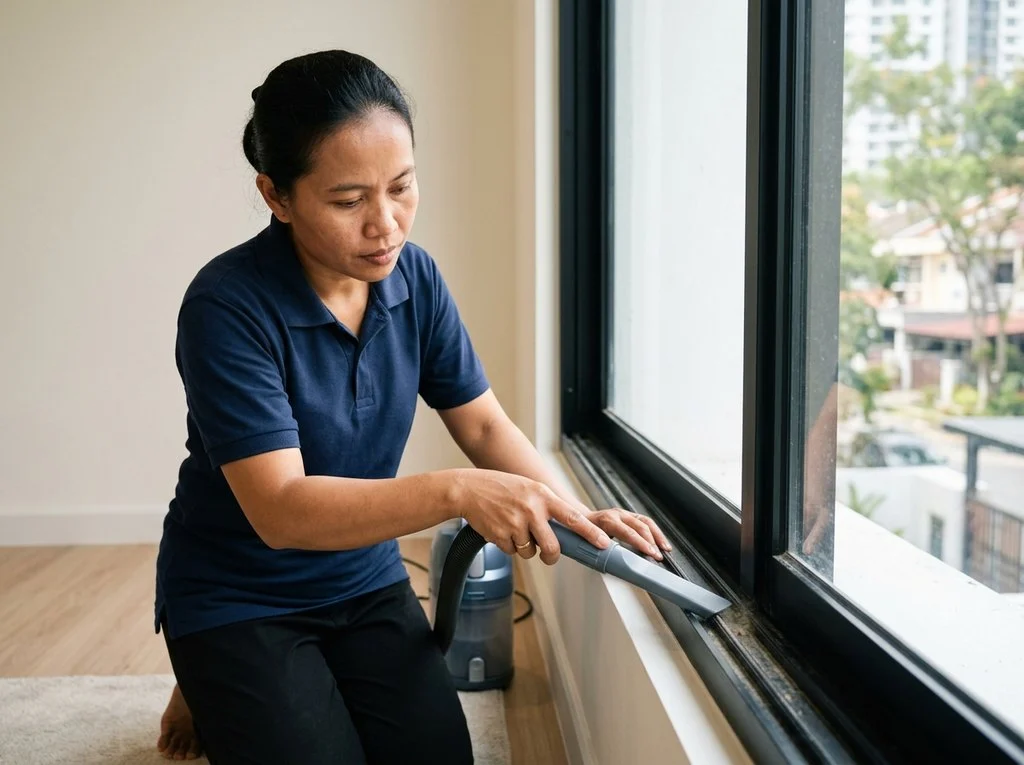 Cleaner using a HEPA vacuum on a window track during a post-renovation clean