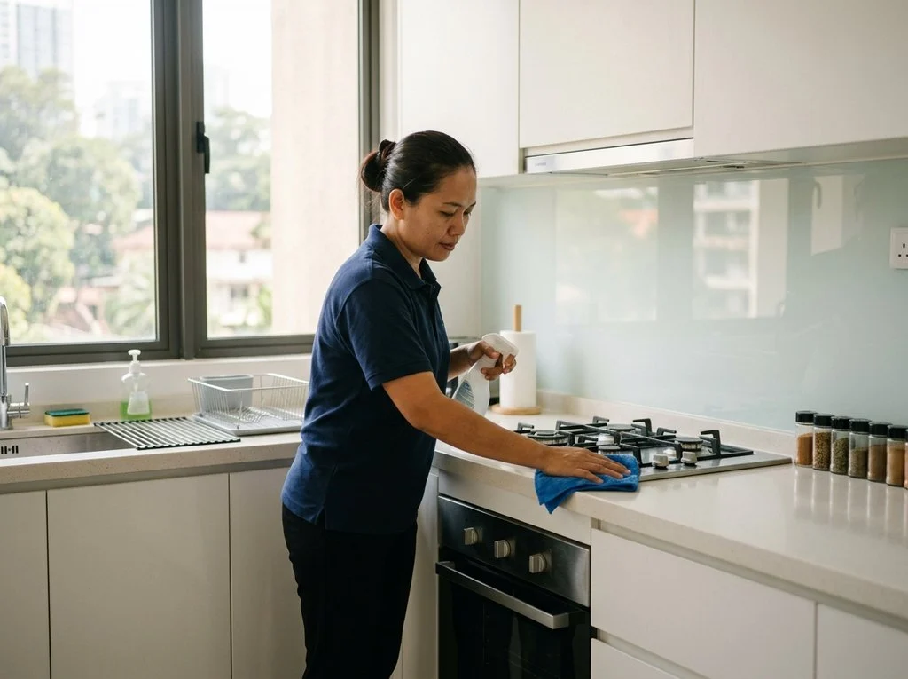 Professional cleaner wiping down a kitchen countertop and stovetop in a KL home