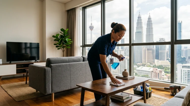 Cleaning services KL — professional cleaner in a bright Kuala Lumpur condo living room