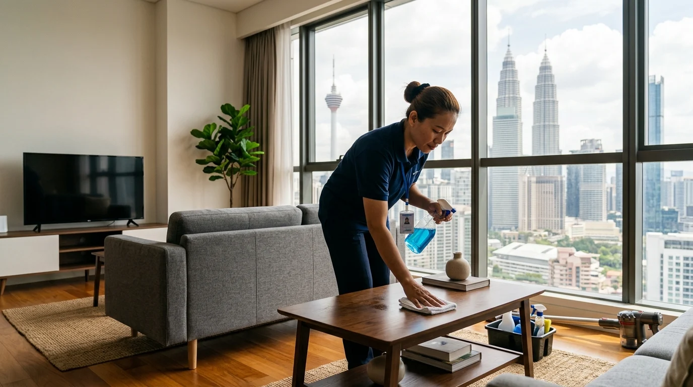 Cleaning services KL — professional cleaner in a bright Kuala Lumpur condo living room