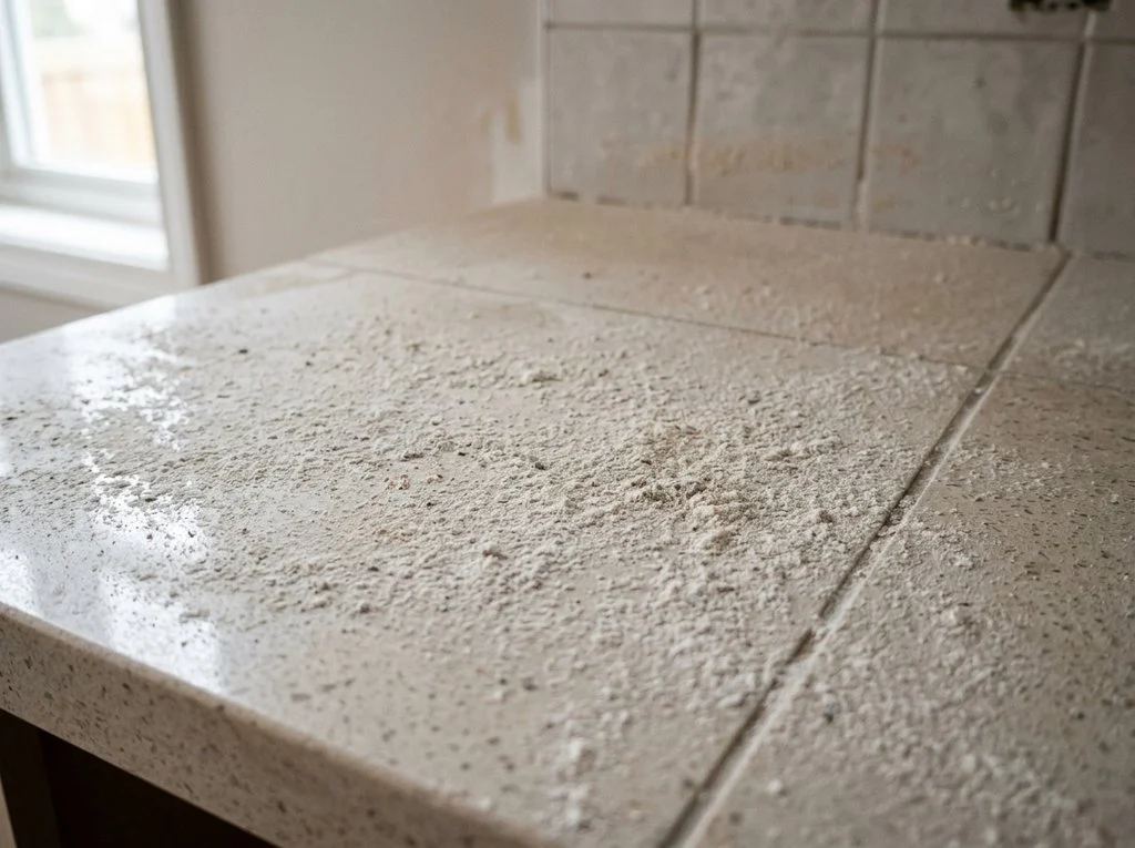 Fine construction dust film on a surface in a newly renovated KL home before cleaning