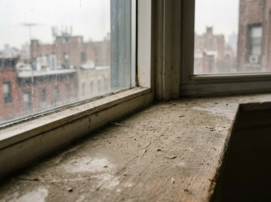 Dust buildup on a window sill, illustrating KL's haze and humidity impact on homes