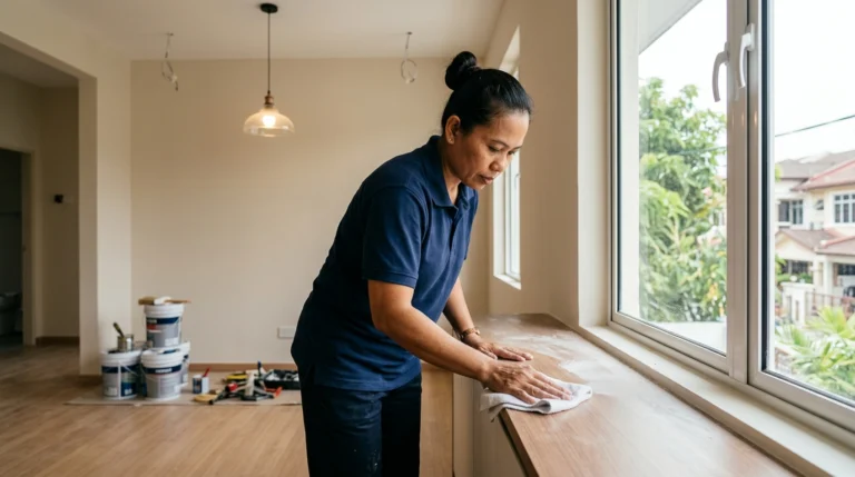 Post-renovation cleaning KL — professional cleaner removing construction dust in a freshly renovated home