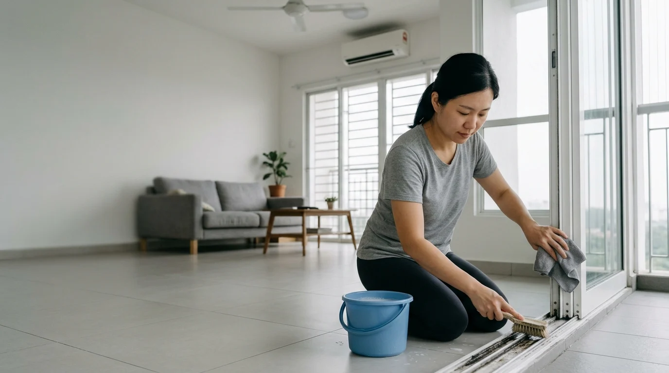 Woman scrubbing a sliding door track in a tidy Malaysian condo living room