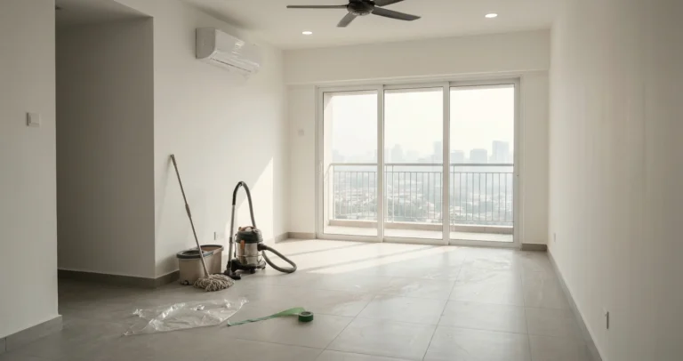 Newly renovated empty condo living room with fine dust visible in the sunlight